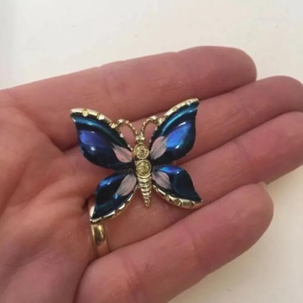 Beautiful BLUE BUTTERFLY BROOCH Lapel PIN Enamel ‎ Rhinestone Gold Tone Jewelry